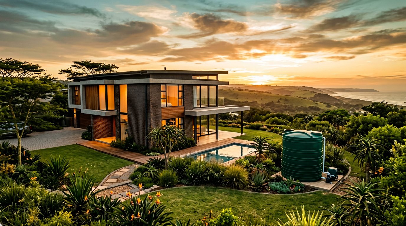 A Durban coastal home at golden hour with an installed water storage tank